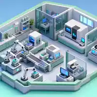 Roche Holding AG CH0012032048 – Isometrisches Low-Poly-Diorama zeigt automatisiertes Diagnostik-Labor mit Probenrobotern - Foto: THN