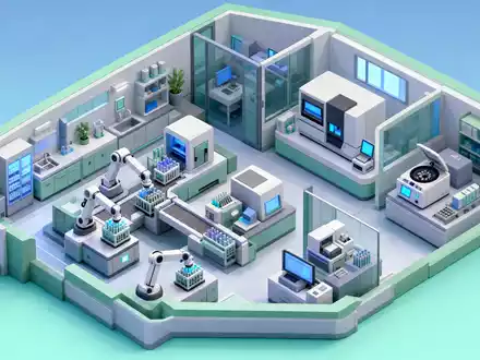 Roche Holding AG CH0012032048 – Isometrisches Low-Poly-Diorama zeigt automatisiertes Diagnostik-Labor mit Probenrobotern - Foto: THN