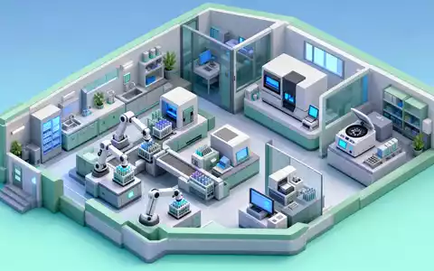 Roche Holding AG CH0012032048 – Isometrisches Low-Poly-Diorama zeigt automatisiertes Diagnostik-Labor mit Probenrobotern - Foto: THN