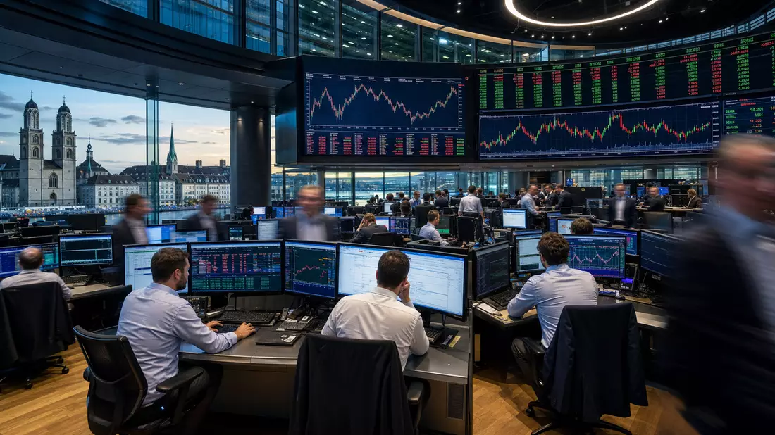 Zürcher Börsen-Trading-Floor mit SMI-Anzeigetafel und Pharma-Kurscharts in Grün und Rot