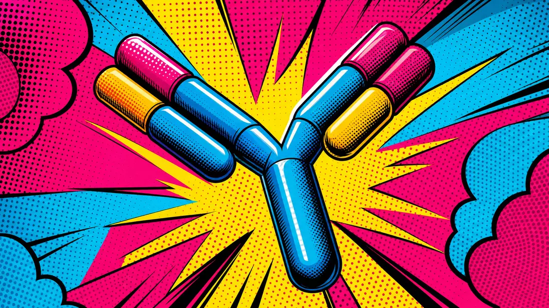 Pop-Art-Comic Antikörper-Y-Form im Halftone-Raster mit Knall-Farben Magenta Gelb Blau