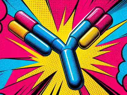 Roche Holding AG CH0012032048 – Stilisierter Antikörper-Y im Pop-Art-Halftone-Raster mit knalligen Comic-Farben - Foto: THN