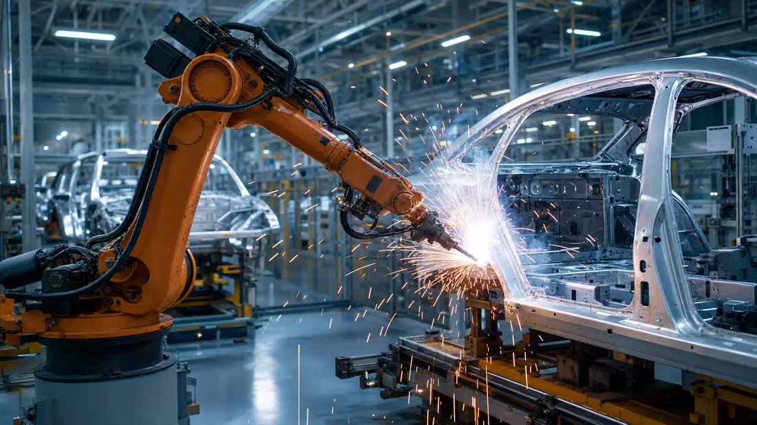 Orangefarbener Industrieroboter schweißt Fahrzeugkarosserie mit Funkenregen in heller Fabrikhalle