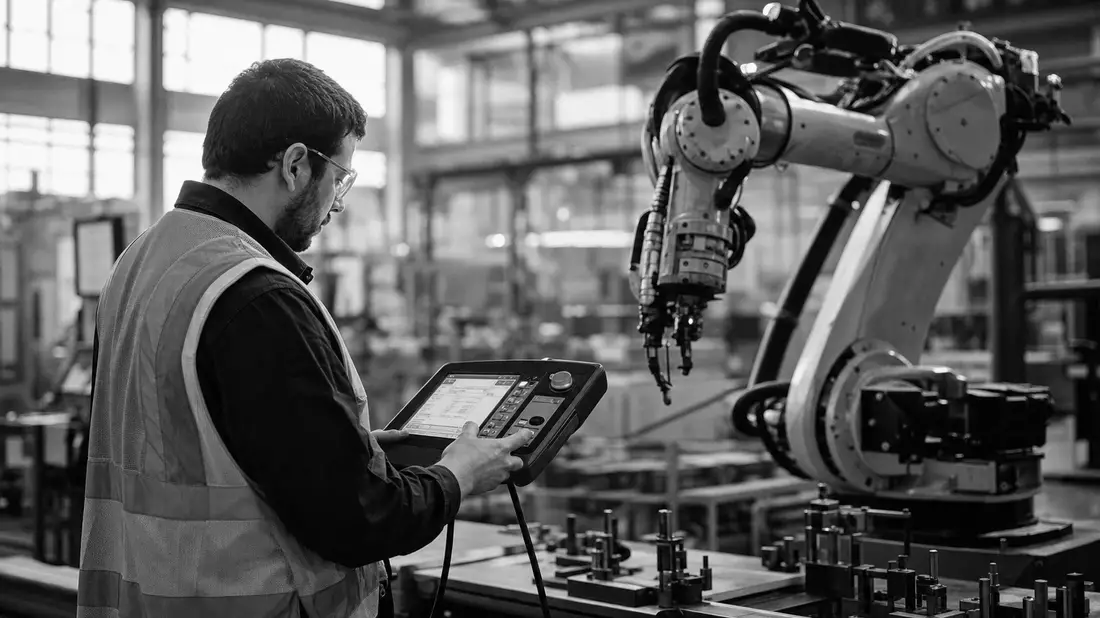 Techniker in Warnweste programmiert Roboterarm per Tablet-Controller in schwarzweißer Fabrikaufnahme
