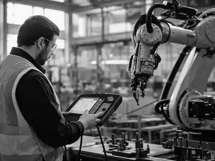 ABB Ltd (CH0012221716): Servicetechniker programmiert mit Tablet einen Industrieroboter in dokumentarischem Schwarz-Weiß - Foto: THN