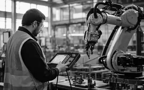 ABB Ltd (CH0012221716): Servicetechniker programmiert mit Tablet einen Industrieroboter in dokumentarischem Schwarz-Weiß - Foto: THN