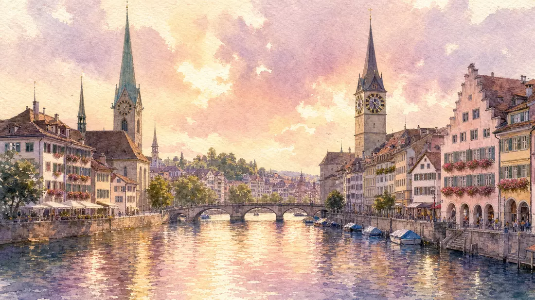 Zürcher Altstadt mit Limmat und Türmen als Aquarell in weichen Pastelltönen