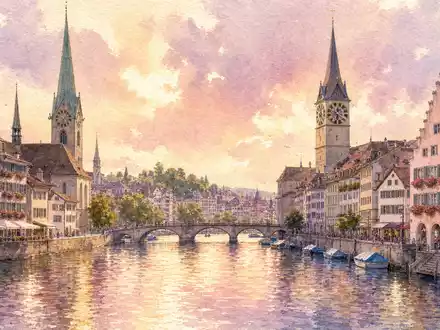 ABB Ltd (CH0012221716) hat seinen Hauptsitz in Zürich, wo Limmat und Türme im Aquarellpanorama erleuchten - Foto: THN