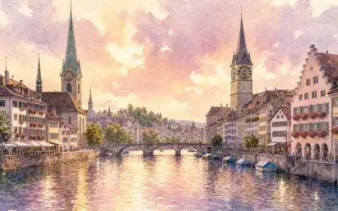 ABB Ltd (CH0012221716) hat seinen Hauptsitz in Zürich, wo Limmat und Türme im Aquarellpanorama erleuchten - Foto: THN