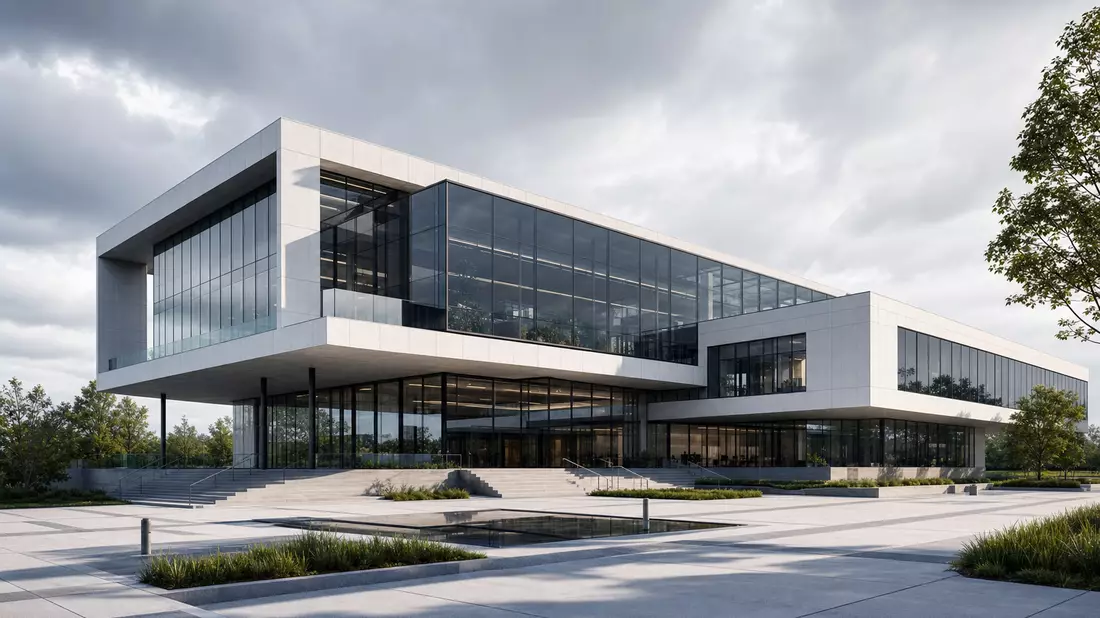 Kubisches Forschungszentrum aus Glas und Stahl mit klaren Linien und Vorplatz
