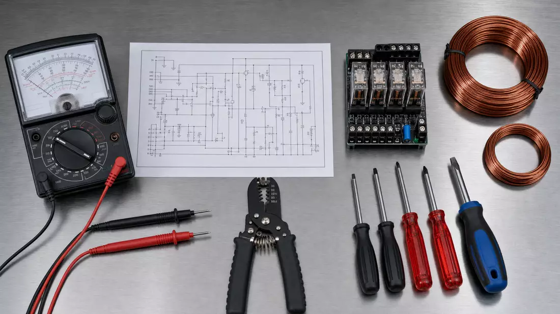 Vogelperspektive auf Multimeter, Schaltplan, Relais und Schraubendreher auf Stahl