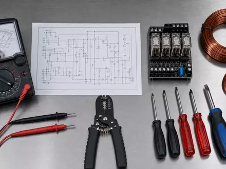 ABB Ltd (CH0012221716) symbolisiert Elektrotechnik durch Multimeter, Schaltplan und Relais auf Stahlplatte - Foto: THN