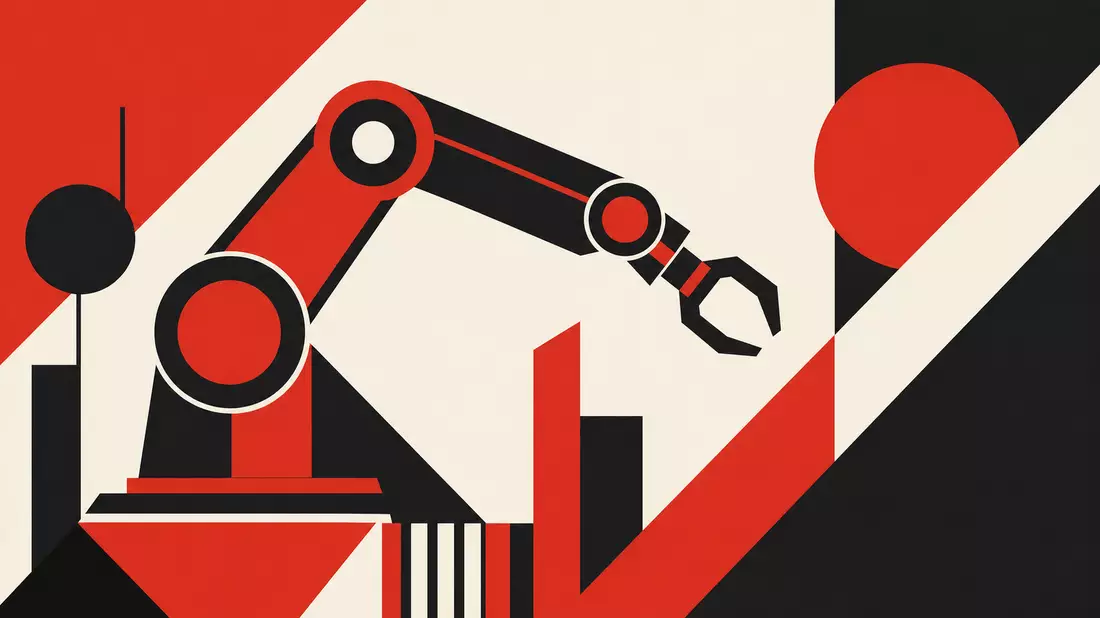 Bauhaus-Poster: Roboterarm in Rot, Schwarz und Weiß in geometrischer Komposition