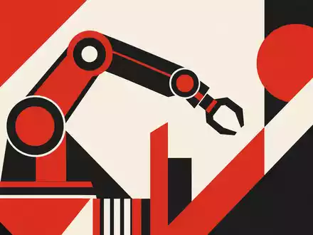 ABB Ltd (CH0012221716) als geometrisches Bauhaus-Poster: stilisierter Roboterarm in Rot, Schwarz und Weiß - Foto: THN