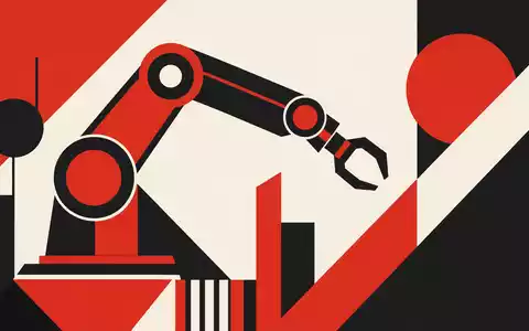 ABB Ltd (CH0012221716) als geometrisches Bauhaus-Poster: stilisierter Roboterarm in Rot, Schwarz und Weiß - Foto: THN