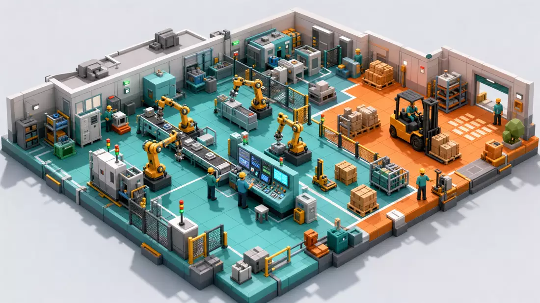 Isometrisches Low-Poly-Diorama: Smart Factory mit Robotern, Förderband und Bedienpult