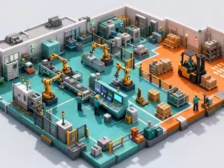 ABB Ltd (CH0012221716) in isometrischem Low-Poly-Diorama: Smart Factory mit Robotern, Fließband und Bedienpult - Foto: THN
