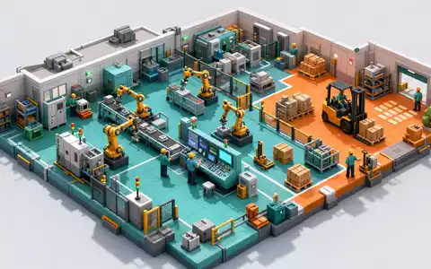 ABB Ltd (CH0012221716) in isometrischem Low-Poly-Diorama: Smart Factory mit Robotern, Fließband und Bedienpult. - Foto: THN