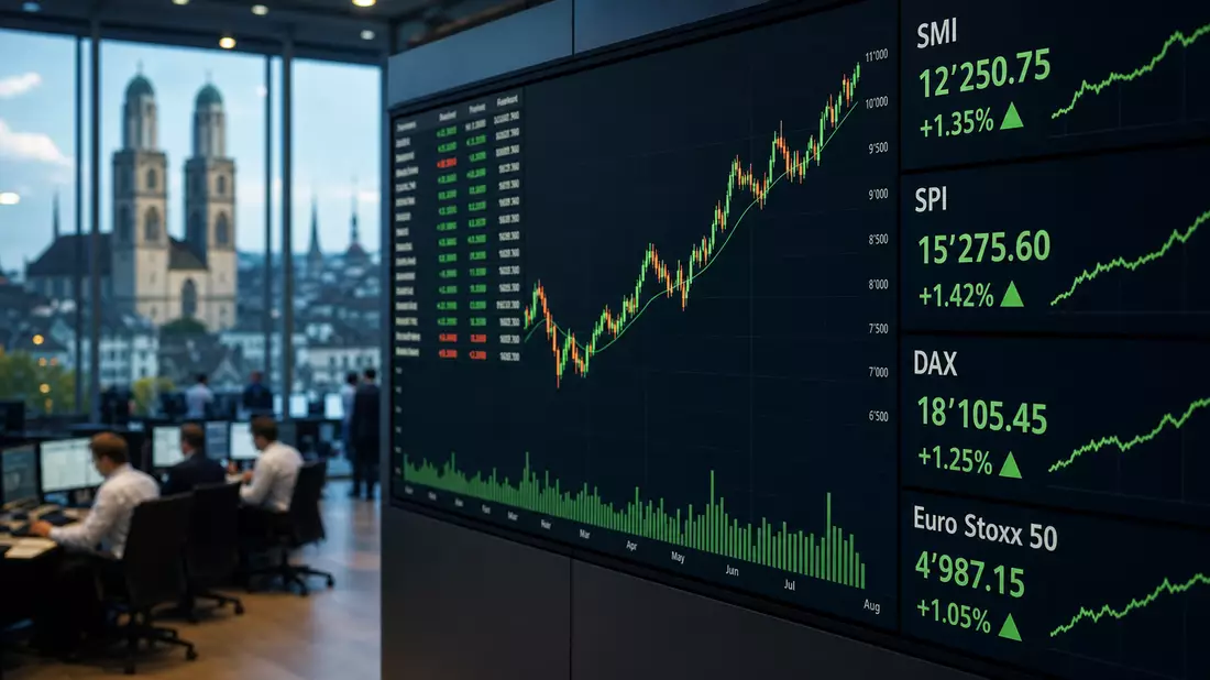 Digitale Börsentafel mit SMI-Charts vor Trading-Floor-Hintergrund in Zürich