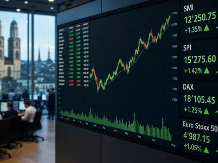 ABB Ltd (CH0012221716) im SMI: großer Börsentafel mit Industriekurs und Charts vor Zürcher Trading-Floor - Foto: THN