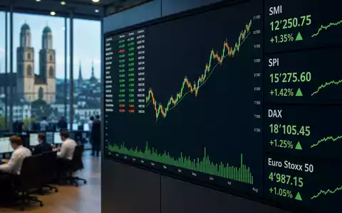 ABB Ltd (CH0012221716) im SMI: großer Börsentafel mit Industriekurs und Charts vor Zürcher Trading-Floor - Foto: THN