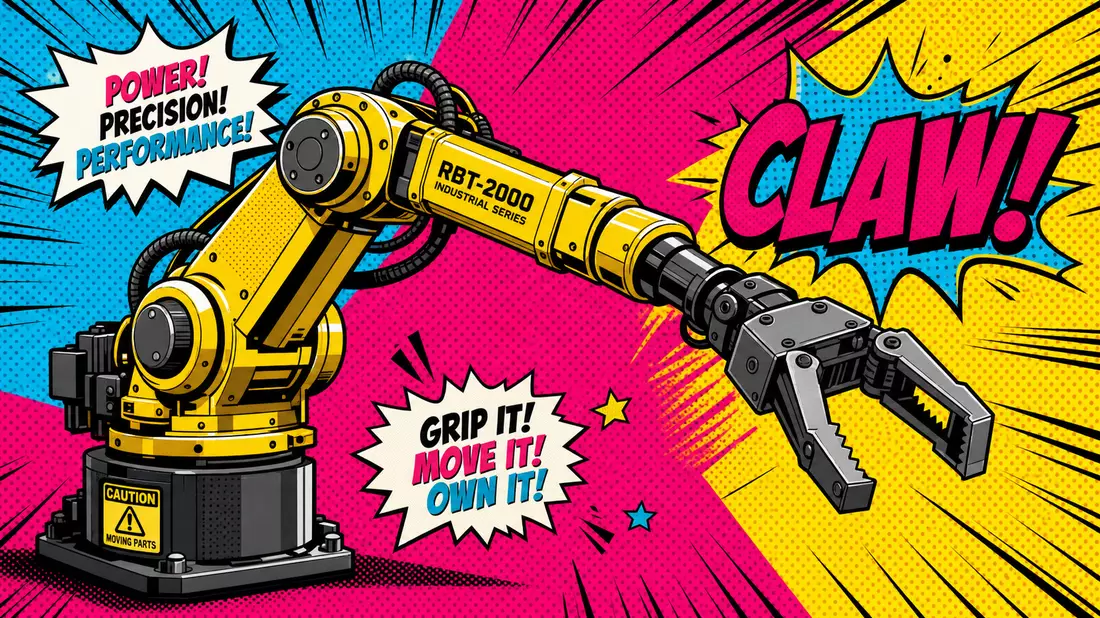 Knallbunter Pop-Art-Comic eines Greifer-Roboterarms im Halftone-Raster mit Cyan, Magenta und Gelb