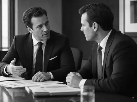UBS Group AG CH0244767585 dokumentiert im Schwarz-Weiß-Stil einen Wealth-Manager im Gespräch mit Klient am Konferenztisch - Foto: THN