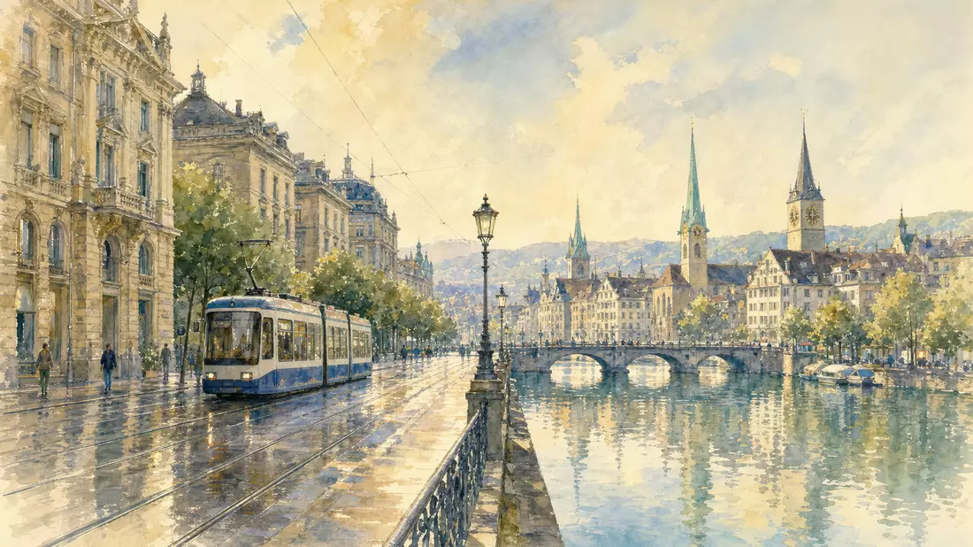 Aquarell der Zürcher Bahnhofstraße mit Tram und Limmat in Pastelltönen
