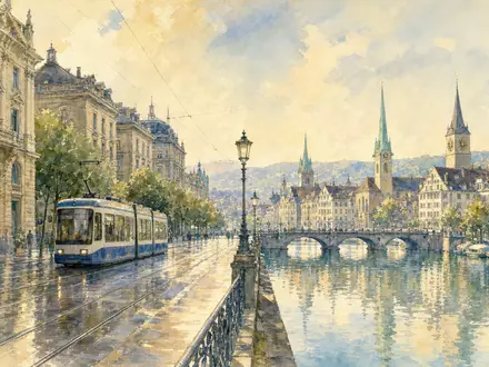 UBS Group AG CH0244767585 in Aquarell-Optik: Zürcher Bahnhofstraße an der Limmat mit weichen Pastelltönen - Foto: THN