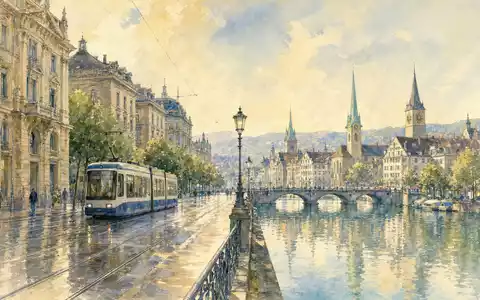 UBS Group AG CH0244767585 in Aquarell-Optik: Zürcher Bahnhofstraße an der Limmat mit weichen Pastelltönen - Foto: THN
