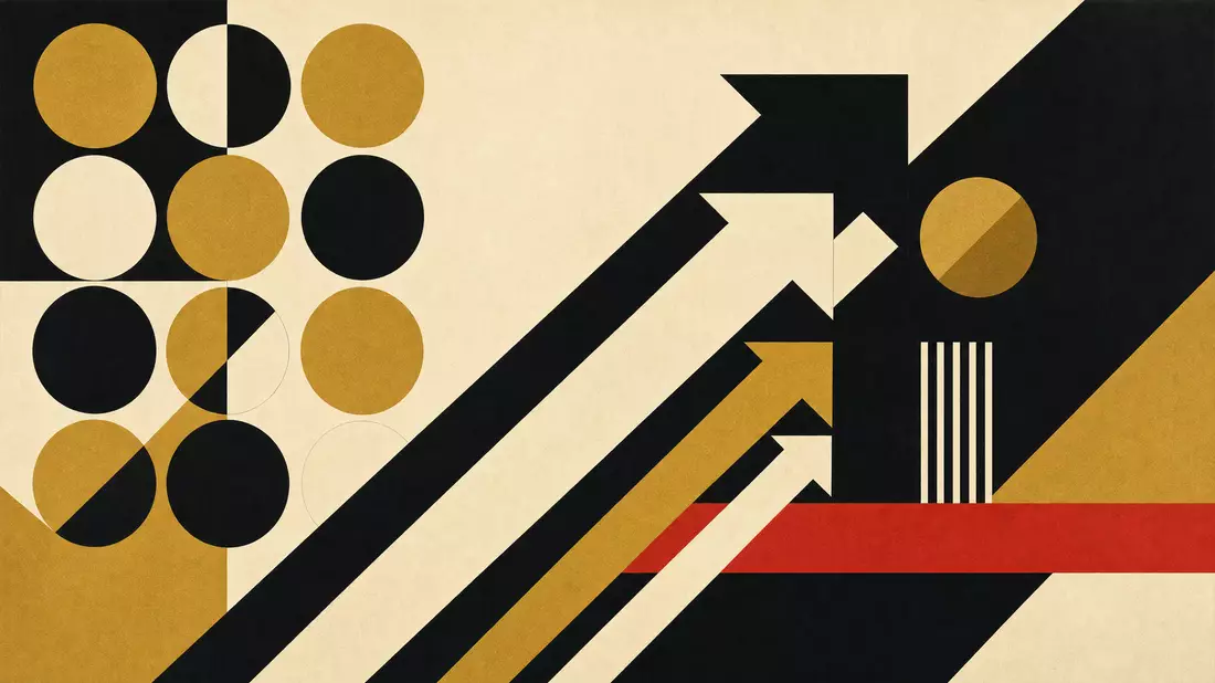 Bauhaus-Poster mit geometrischen Pfeilen und Münzkreisen in Schwarz-Gold