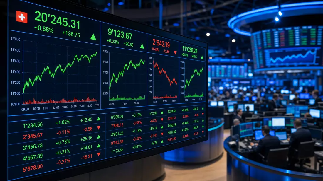 SMI-Börsentafel mit Kurscharts und Händlern auf blau beleuchtetem Trading-Floor