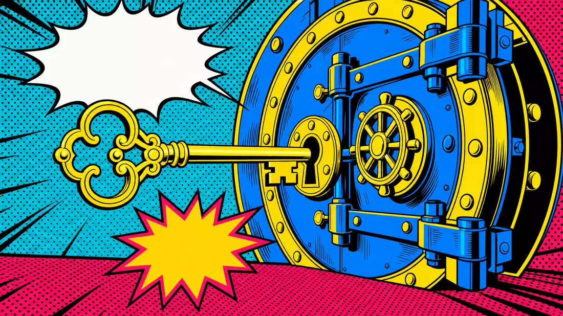 Pop-Art-Comic: blauer Tresor mit goldenem Schlüssel auf Halftone-Punktraster