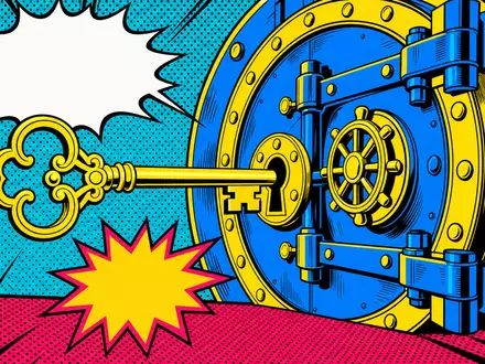 UBS Group AG CH0244767585 als Pop-Art-Comic mit stilisiertem Tresor und goldenem Schlüssel im farbstarken Halftone-Raster - Foto: THN