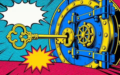 UBS Group AG CH0244767585 als Pop-Art-Comic mit stilisiertem Tresor und goldenem Schlüssel im farbstarken Halftone-Raster - Foto: THN