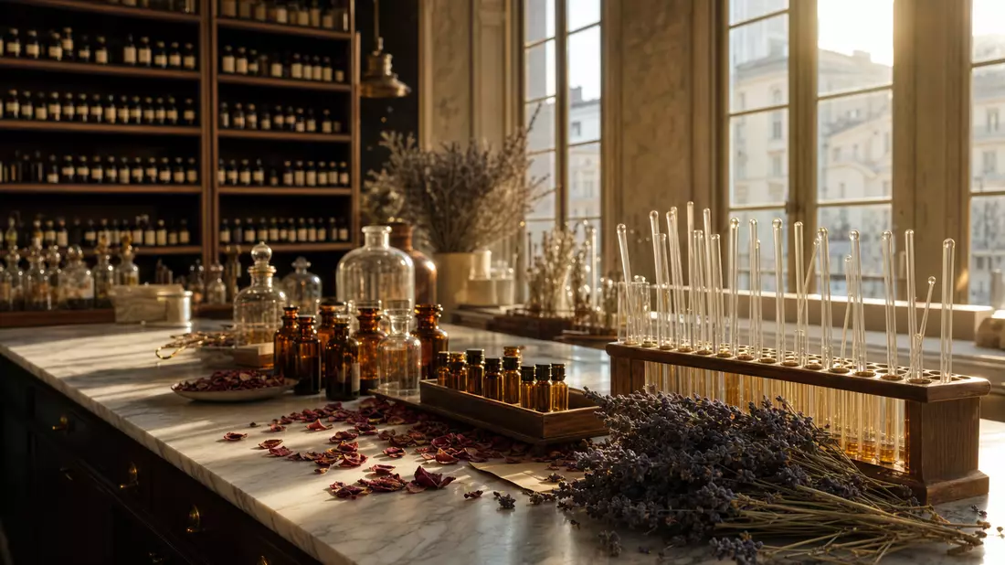 A photorealistic wide panorama of a perfumer's atelier. Amber glass vials and glass test tubes line wooden shelves. Dried lavender bundles and rose petals scatter across a marble workbench. Warm golden afternoon light streams through tall windows. No logo