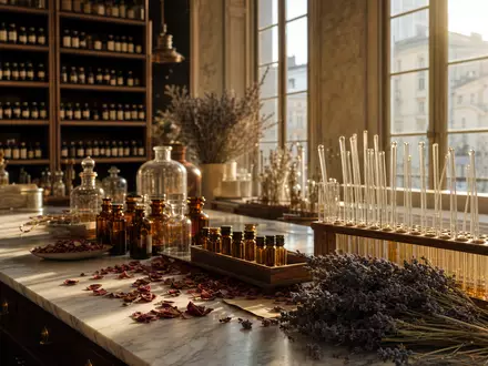 Givaudan CH0010645932 fotorealistisches Parfumeur-Atelier mit Reagenzgläsern, getrockneten Blüten und warmem goldenem Nachmittagslicht - Foto: THN