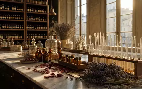 Givaudan CH0010645932 fotorealistisches Parfumeur-Atelier mit Reagenzgläsern, getrockneten Blüten und warmem goldenem Nachmittagslicht - Foto: THN