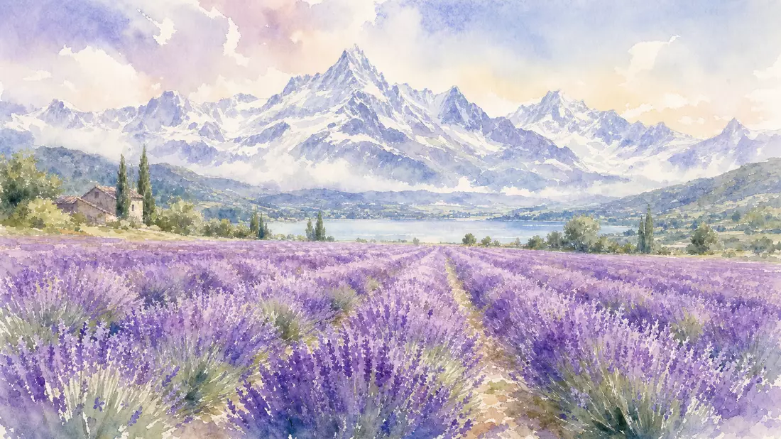 A soft watercolour painting of a vast lavender field in full bloom. Neat violet rows stretch to the horizon where snow-capped Swiss Alpine peaks rise in muted blue-grey silhouette. The sky is painted in gentle washes of peach and pale blue. Loose wet-on-w