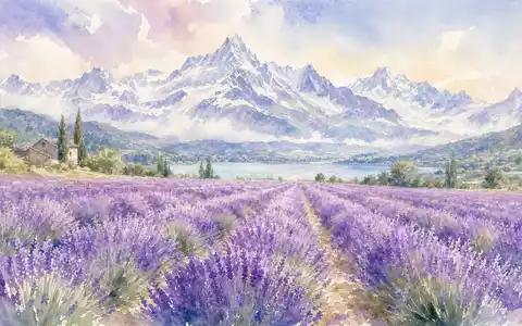 Givaudan CH0010645932 Aquarell eines Lavendelfeldes vor stiller Schweizer Alpen-Silhouette in zarten Pastelltönen - Foto: THN