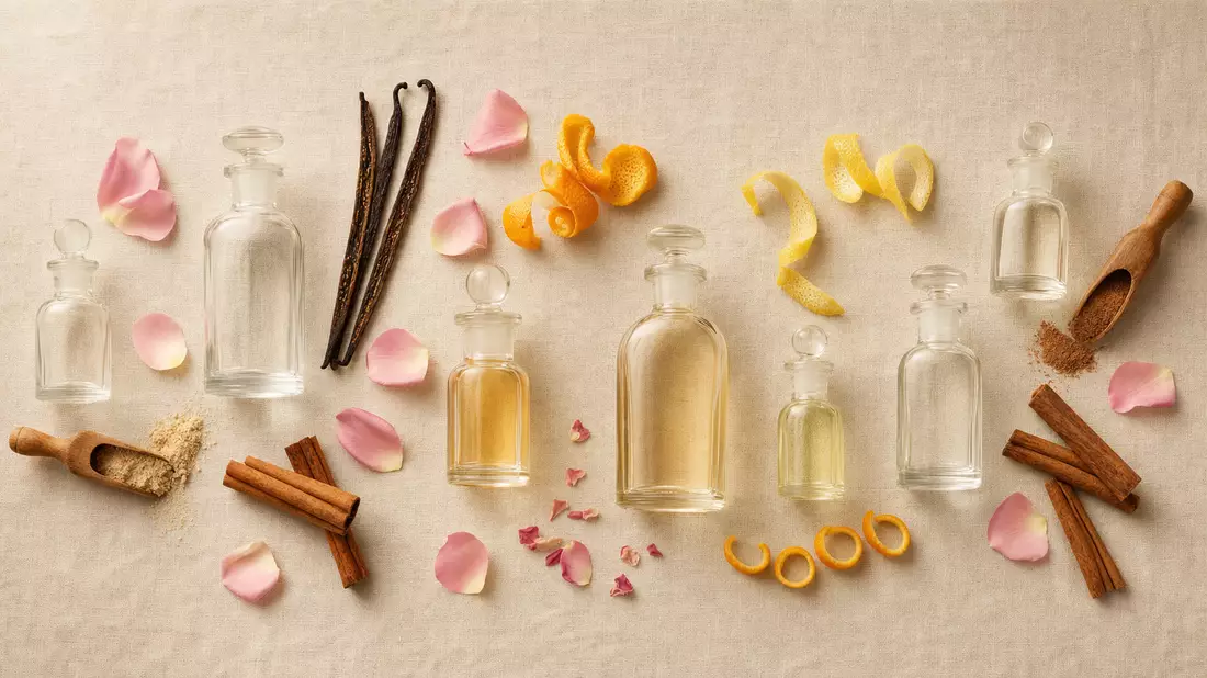 A clean overhead flatlay on natural linen fabric. Anonymous clear glass bottles of varying shapes, all plain and unlabelled, are arranged across the frame. Scattered around them are raw aromatic ingredients: split vanilla pods, pink rose petals, curled ci