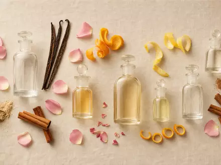 Givaudan CH0010645932 Flatlay mit anonymen Glasflakons, Vanilleschoten, Rosenblüten und Zitrusschalen auf Leinen - Foto: THN