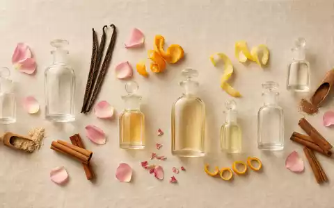 Givaudan CH0010645932 Flatlay mit anonymen Glasflakons, Vanilleschoten, Rosenblüten und Zitrusschalen auf Leinen - Foto: THN
