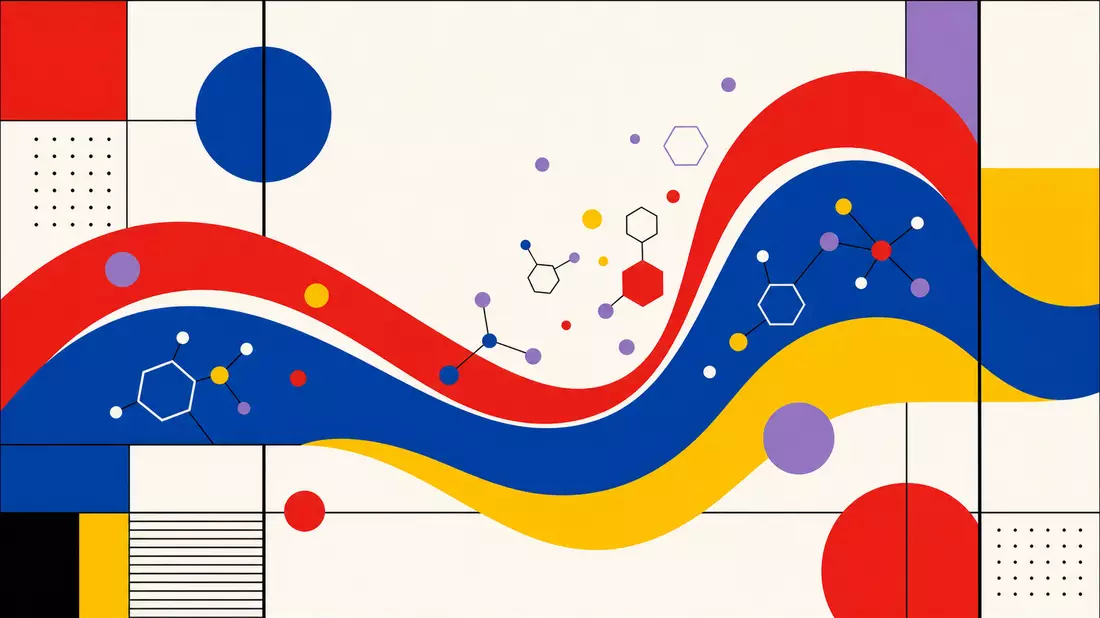 A Bauhaus-inspired graphic poster illustration. A large undulating wave in bold primary red, cobalt 