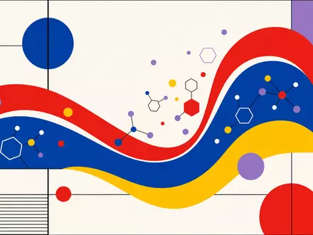 Givaudan CH0010645932 Bauhaus-Plakat mit geometrischer Duftstoff-Welle und Molekülpunkten in Primärfarben und Lavendel - Foto: THN