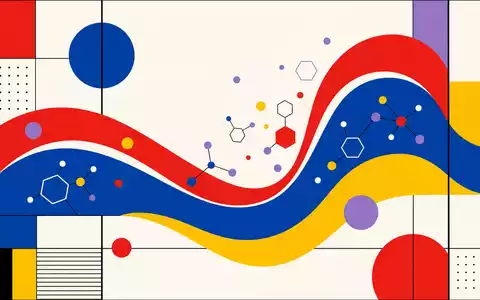 Givaudan CH0010645932 Bauhaus-Plakat mit geometrischer Duftstoff-Welle und Molekülpunkten in Primärfarben und Lavendel - Foto: THN