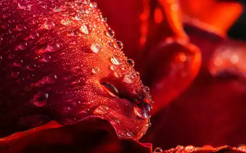 Givaudan CH0010645932 Makro-Aufnahme roter Rosenblätter mit glitzernden ätherischen Duftöl-Tropfen in warmem Licht - Foto: THN