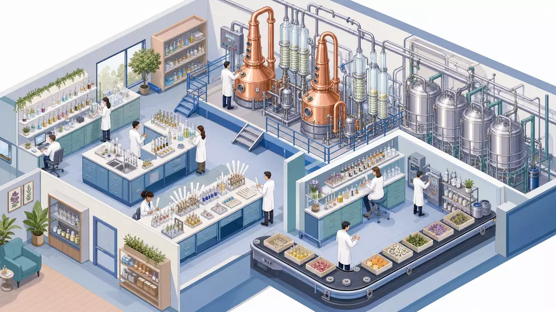 An isometric 3D illustration of a flavour and fragrance laboratory shown as a detailed cutaway view. Copper distillation columns and glass condensers fill one area. Benches hold test tubes and scent evaluation strips. Scientists in white lab coats work at