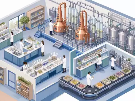Givaudan CH0010645932 isometrisches Aromen-Labor mit kupfernen Destillationsanlagen, Probierstreifen und geordneten übersichtlichen Lagerbereichen - Foto: THN