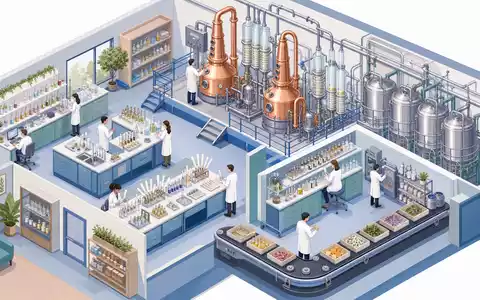 Givaudan CH0010645932 isometrisches Aromen-Labor mit kupfernen Destillationsanlagen, Probierstreifen und geordneten übersichtlichen Lagerbereichen - Foto: THN
